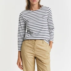 Navy Breton Crew Neck Cotton T hirt - Beige