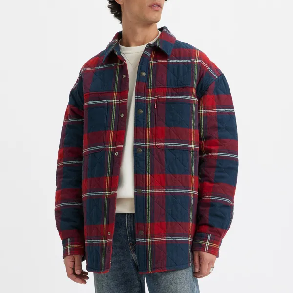 Navy Check Cotton Overshirt - Red