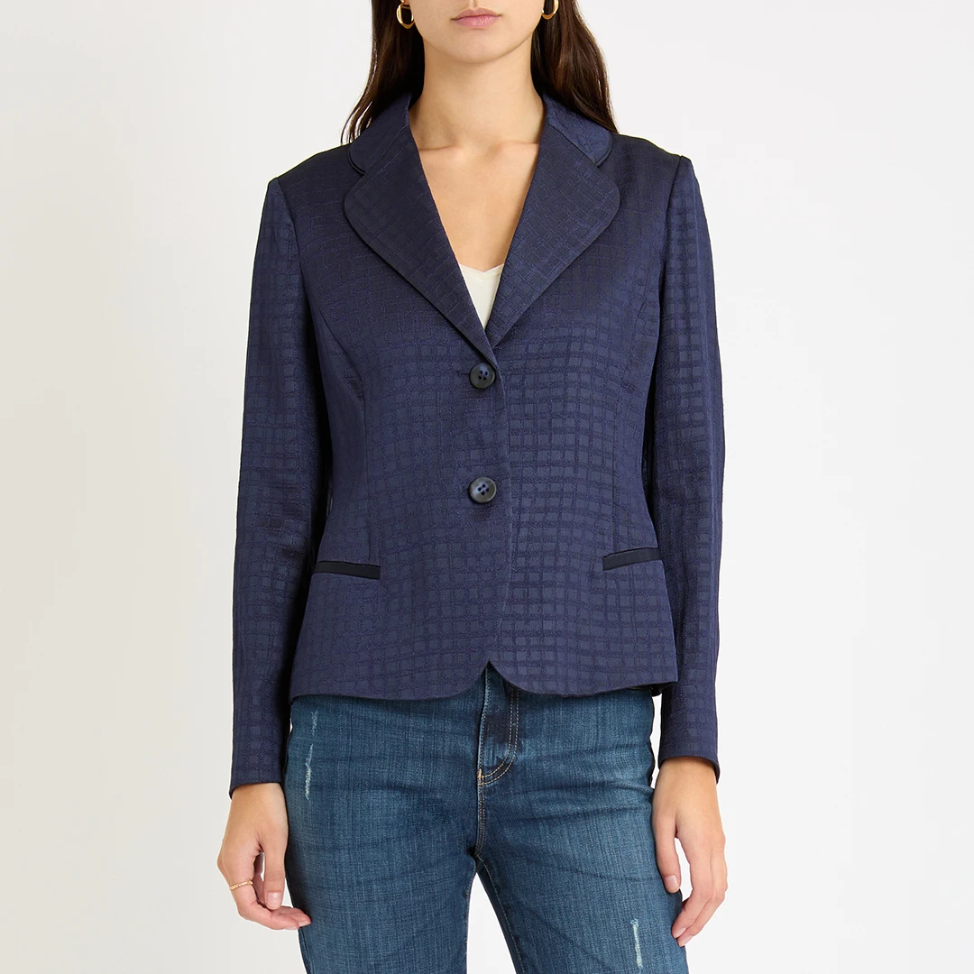Navy Checked Silk Blend Blazer ulti