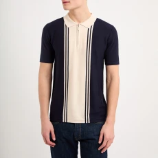 Navy Cream Vertical Half Zip Polo Shirt