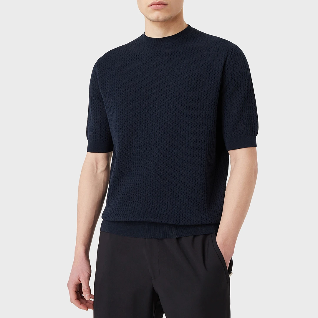 Navy Crew Neck Cotton Blend Top