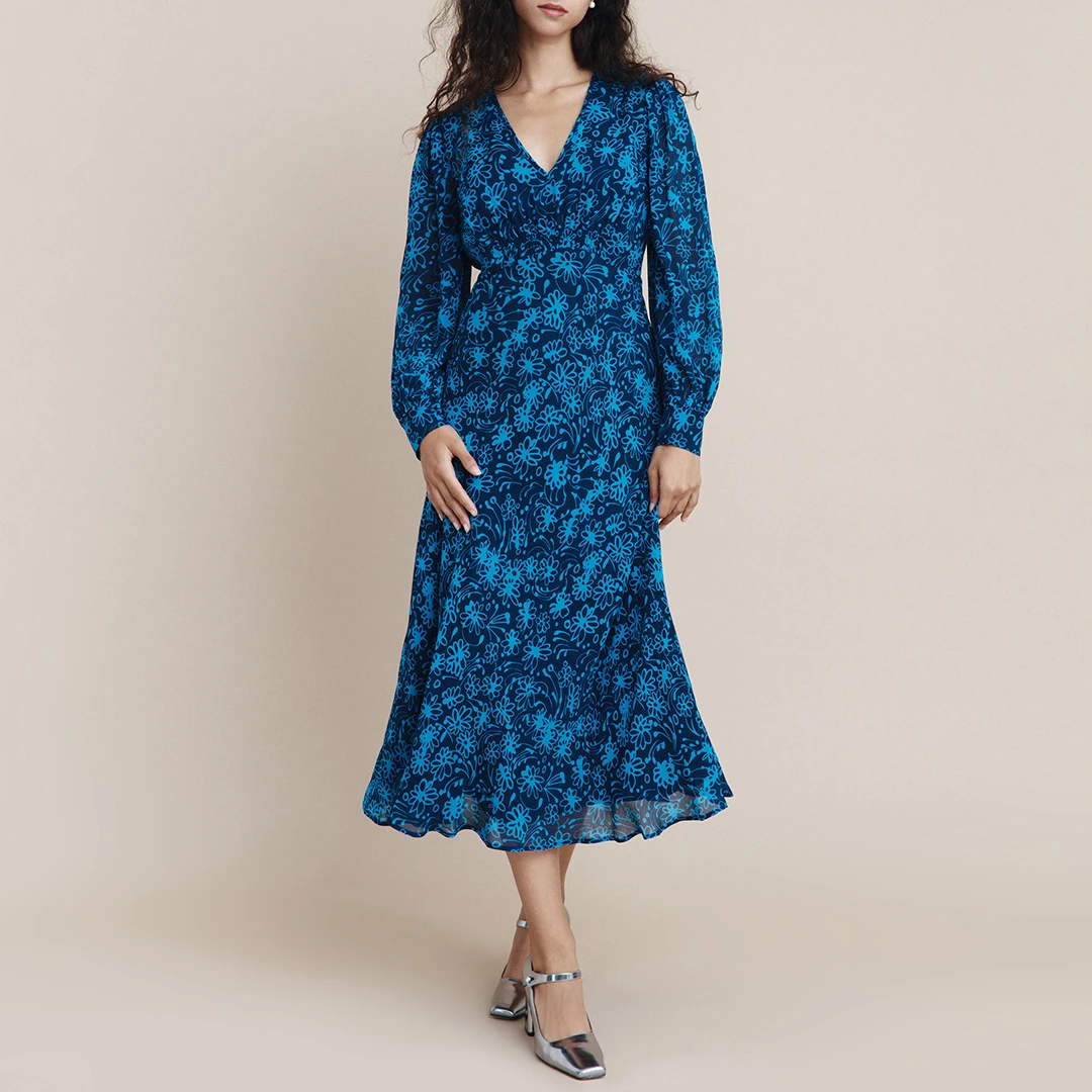 Navy Floral Riley Satin Dress