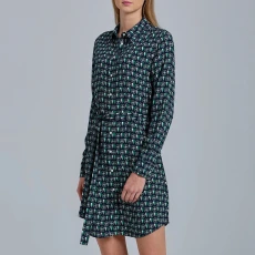 Navy Geometric Belted Shirt Dress - Blue