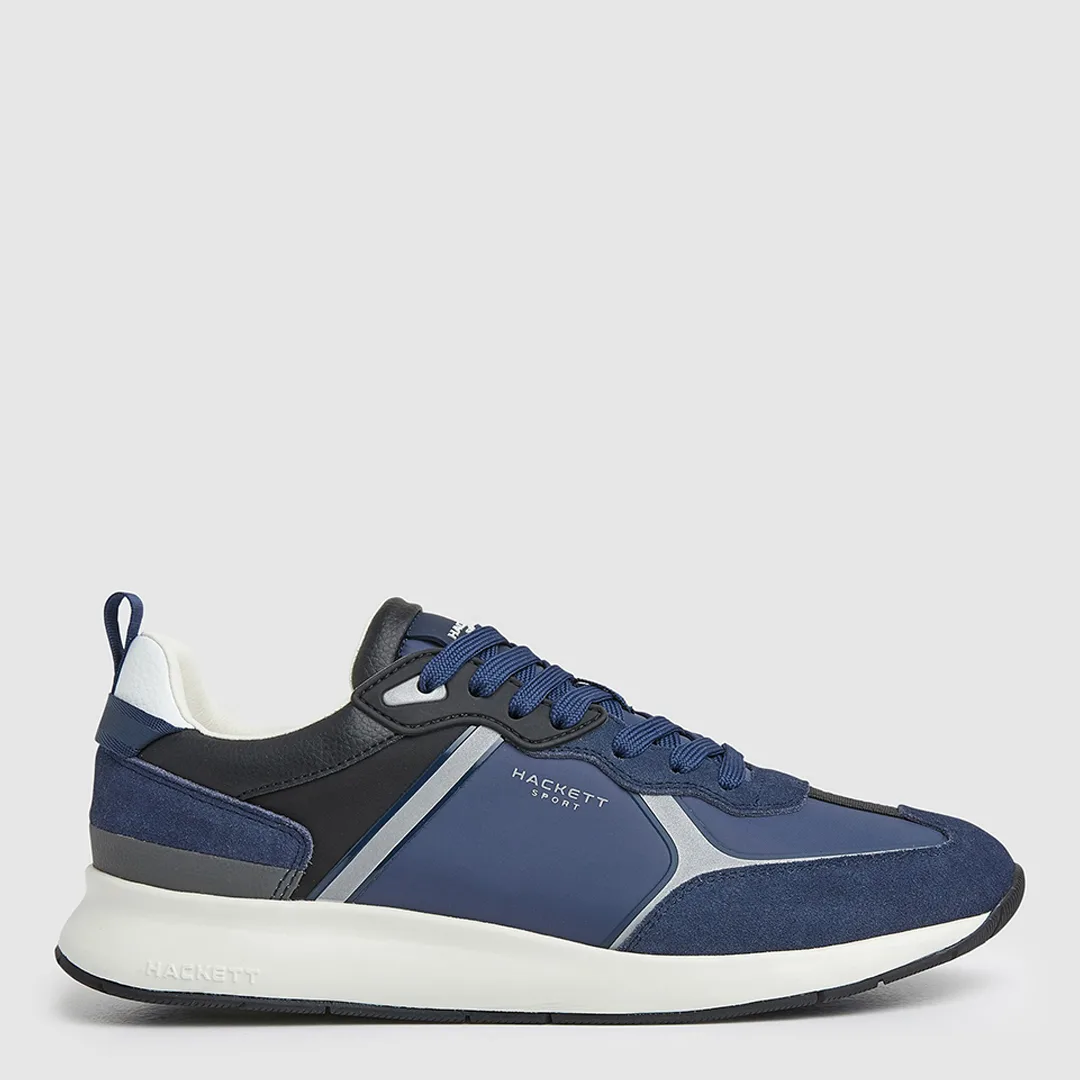 Navy Leather Blend Branded Trainers - Blue