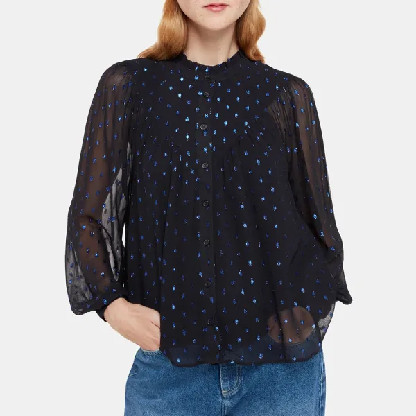 Navy Mia Metallic Dobby Blouse - Navy