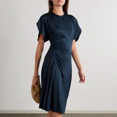 Navy Petal Sleeve Ruched Midi Dress - Blue