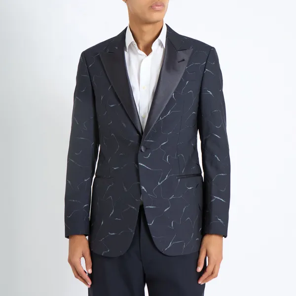 Navy Printed Wool Blend Dinner Jacket - Navy