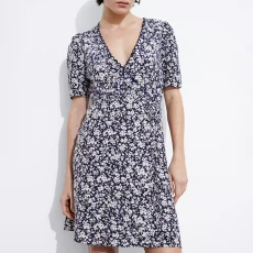 Navy Printed Wrap Mini Dress - Blue