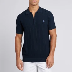Navy Rib Knit Zip Polo Top - Blue