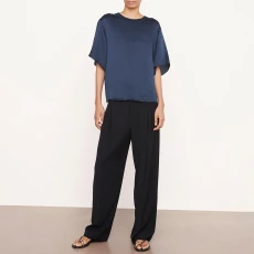 Navy Rib Trim Short Sleeve Silk Blouse - Blue