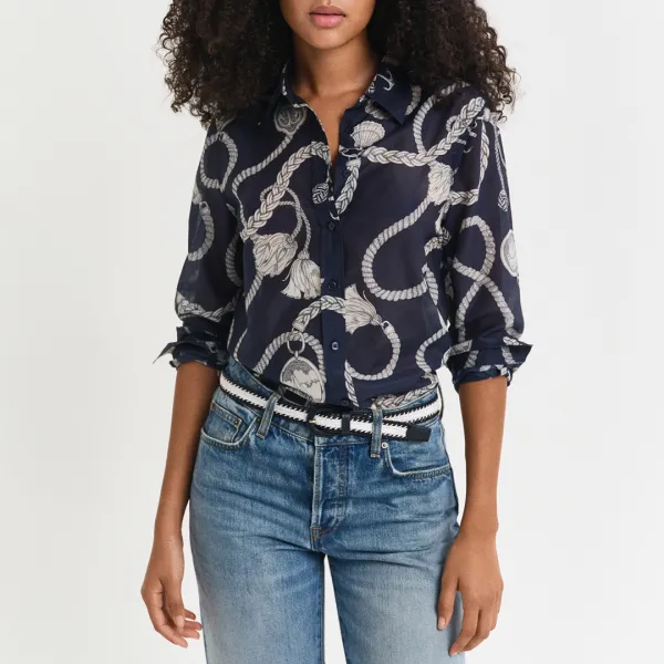 Navy Sailing Print Silk Blend Shirt - Blue