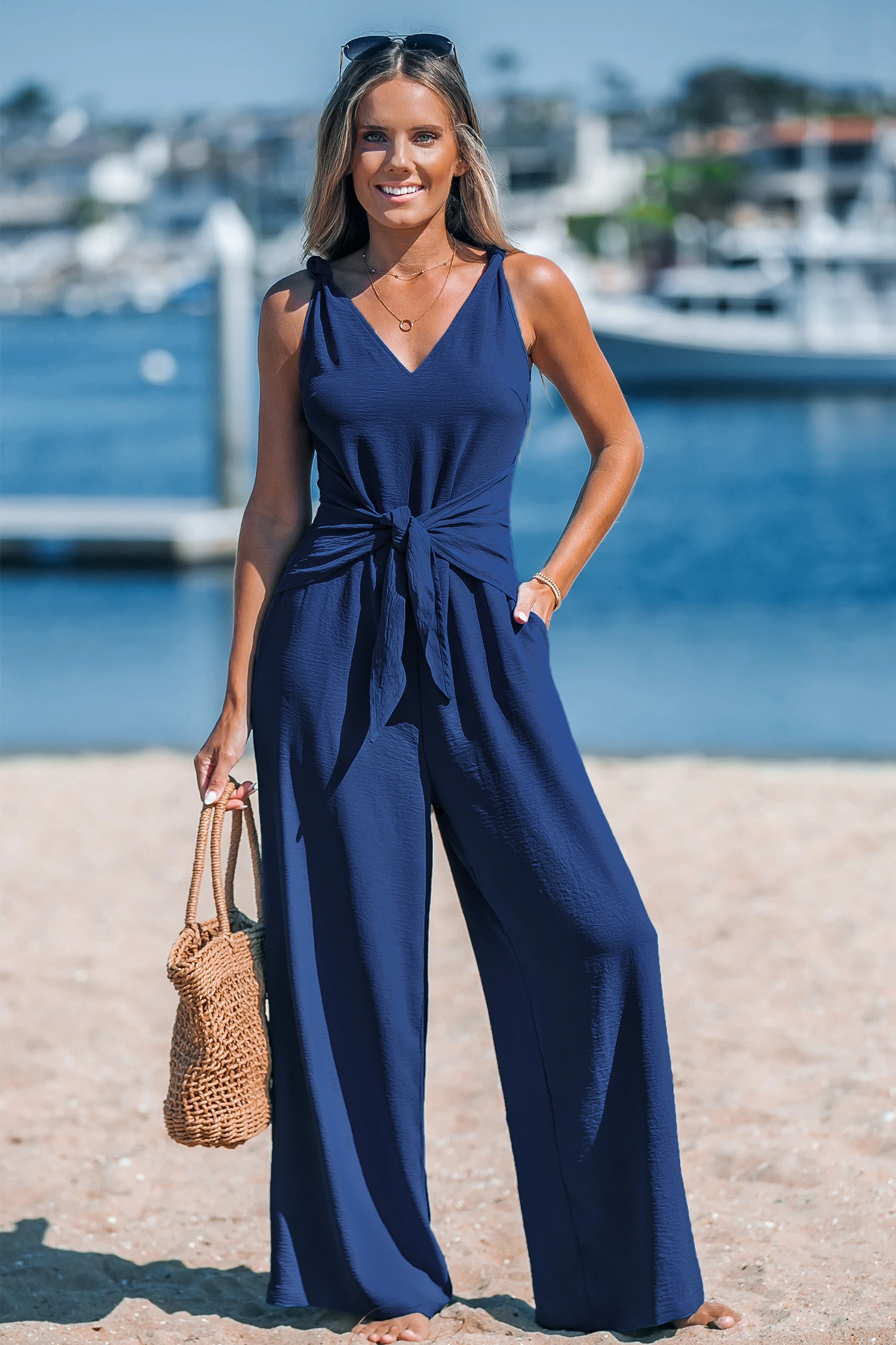 Navy Sleeveless Straight Leg Jumpsuit - Blue