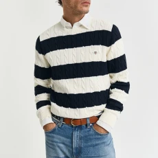 Navy Striped Cableknit Cotton Jumper - Blue