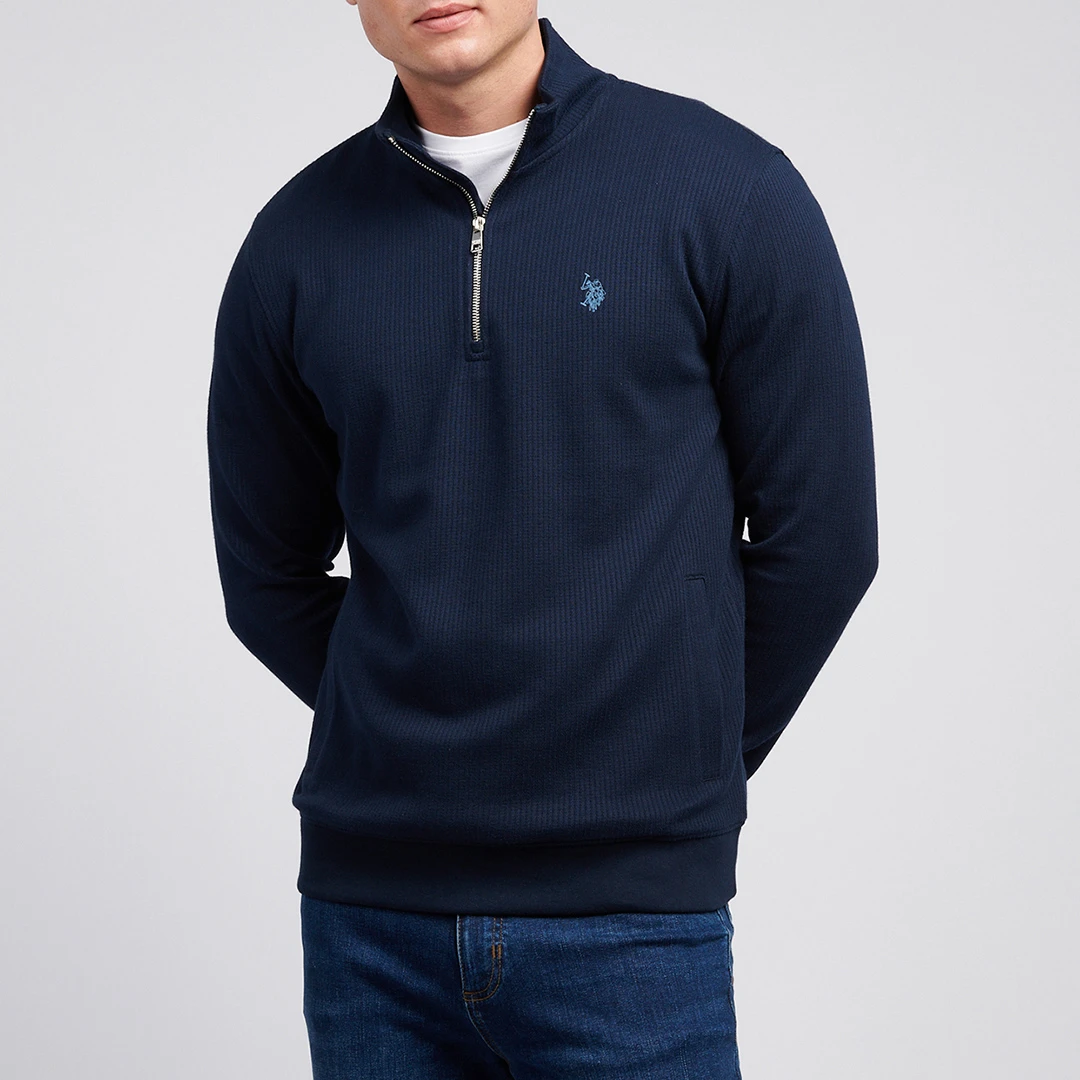 Navy Textured Cotton Rib Quarter Zip Sweatshirt