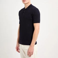 Navy Textured Silk Blend Knit Polo Shirt