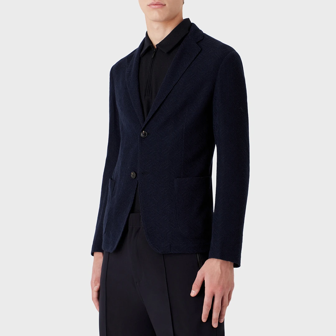 Navy Textured Wool Blazer - Blue