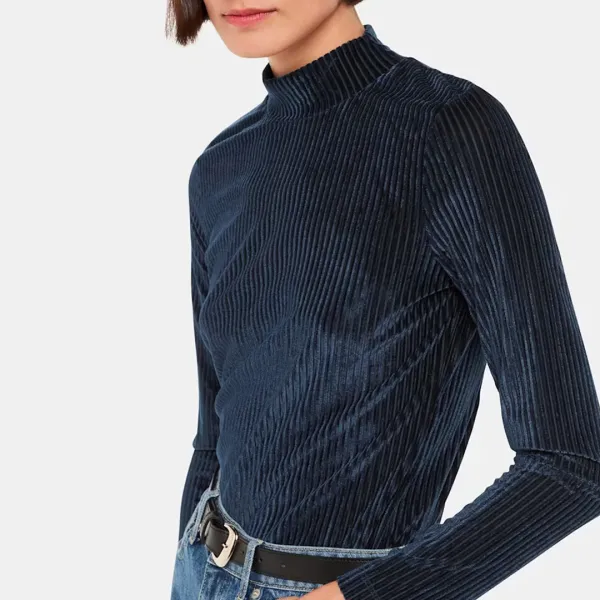 Navy Velvet Stripe High Neck Top - Navy