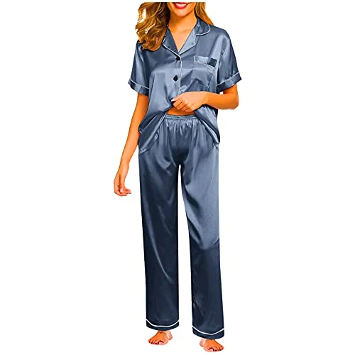 Negligees Sexy for Women Two Piece Robe Satin Short Underwear Nightgown Sexy Women's Lingerie Robe Trousers Silk Loose Sleeved Suit Pajama Pajamas Women Sexy Lingerie Set with Garter Belt (Navy, XXXL)