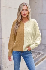 Neutral Colorblock Puff Sleeve Cable Knit Jumper - Brown