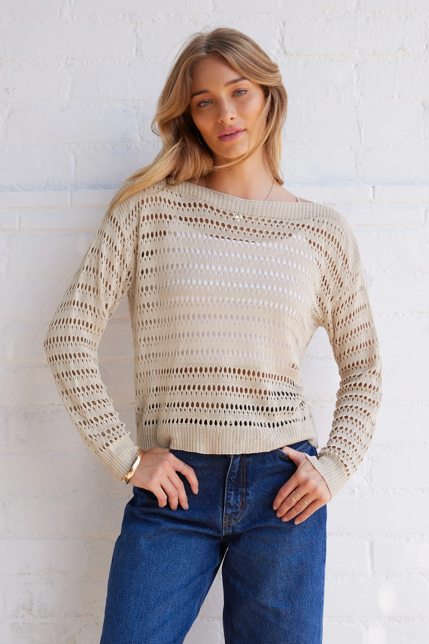 Neutral Cutout Long Sleeve Top
