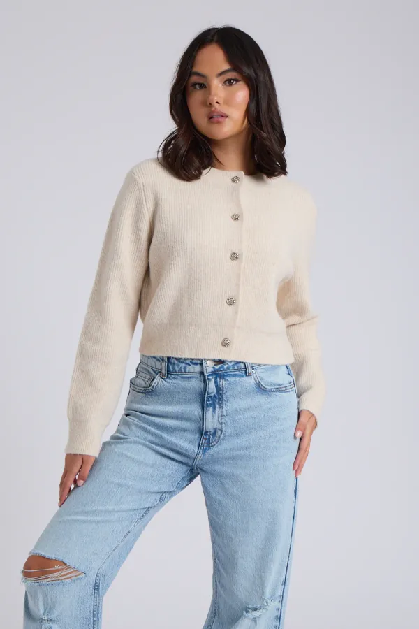 Neutral Floral Button Cropped Cardigan