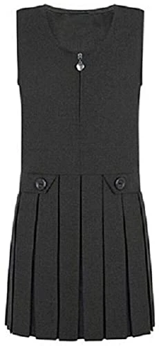 ® New Kids Girl’s Plain School Uniform Pleated Front Heart Zip Pinafore Two Button Wrap Over Knife Dress Sleeveless Junior School Wear (Grey, 5-6 Years)
