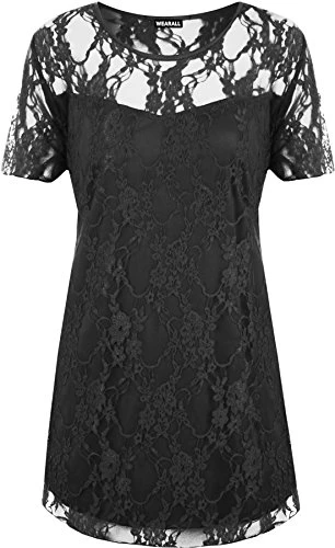 New Ladies Lace Lined Top Womens Plus Size Stretch Short Sleeve Top Black 26/28