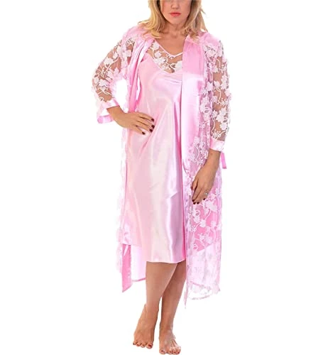 New Ladies Nighties 2 Piece Satin Night Dress Knee Length Floral Pattern Robe Women Sexy Nightwear Satin Pyjama Set Casual Plus Size Night Dress Women Uk Baby Pink 18