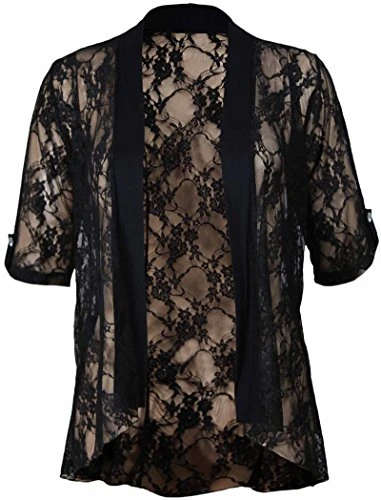 New Ladies Plus Size Floral Lace Open Cardigan Short Sleeve Womens Stretch Waterfall Top Black Size 