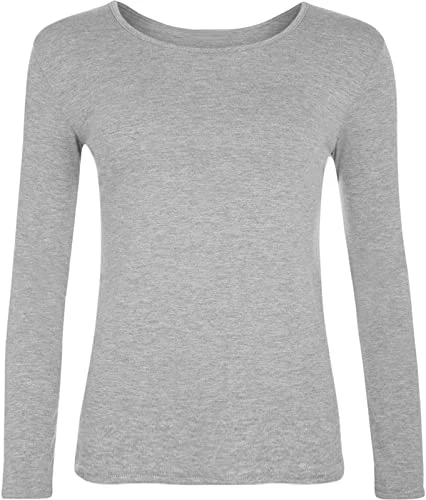 New Ladies Plus Size Long Sleeve T-Shirt Womens Stretch Plain Top Sizes Light Grey 24-26