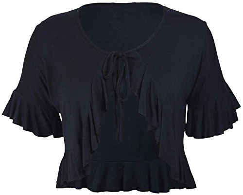 New Ladies Plus Size Tie Frill Ruffle Shrug Tops Womens Bolero Cropped Stretch Cardigan Top Black Si