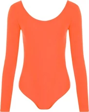 New Ladies Stretch Bodysuit Long Sleeve Top Womens Leotard Fluorescent Orange 12/14