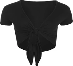 New Ladies Tie Up Crop Top Womens Short Sleeve Stretch Open Top Black 12/14