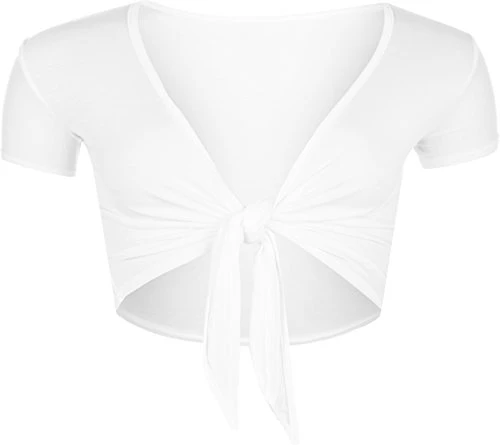 New Ladies Tie Up Crop Top Womens Short Sleeve Stretch Open Top White 8/10