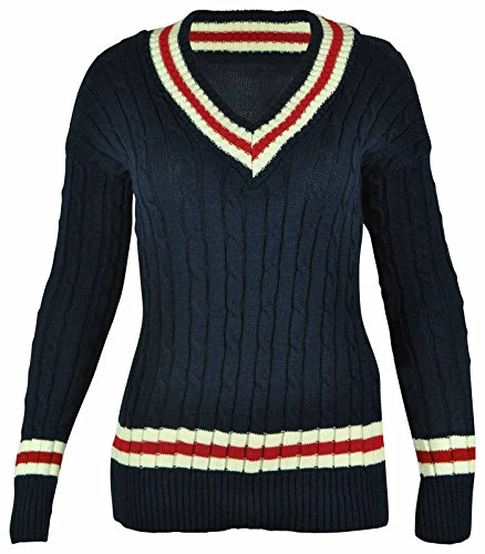 New Ladies V Neck Cable Knitted Cricket Jumper Womens Stretch Long Sleeve Stripe Top Navy Size 16