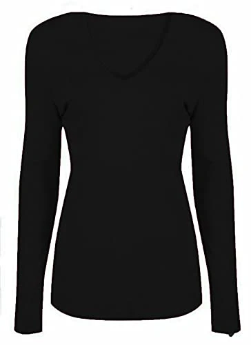 New Ladies V Neck Stretch Womens Long Sleeve Top Black 12/14