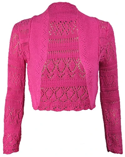 New Ladies Womens Long Sleeve Crochet Bolero Shrug Plain Cropped Knitted Open Cardigan Tops 8-14 Cer