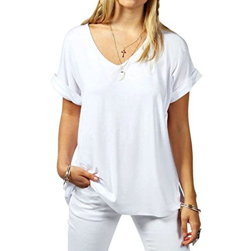 New Ladies Women's Plain V Neck Turn Up Short Sleeve Baggy T-Shirt Plus Size. UK 8-26