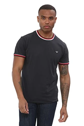 New Men's Cotton Contrast 3 Colour Stripes on Neck & Sleeve Plain Short Sleeve T-Shirt Tee Top (L, B