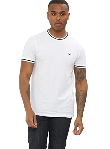 New Men's Cotton Contrast Neck & Sleeve Stripe Plain Short Sleeve T-Shirt Tee Top (S, White with Bla