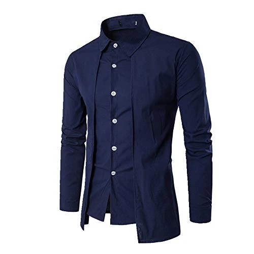 New Men's Fake Two Piece Slim Long Sleeve Shirt Men's Thin Shirt Blue