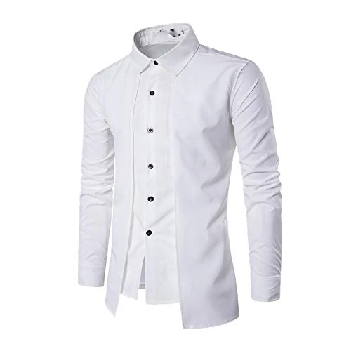 New Men's Fake Two Piece Slim Long Sleeve Shirt Men's Thin Shirt White