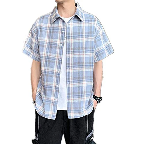 New Men's Plaid Shirt Loose Casual Summer Men's Short Sleeve Shirt Top