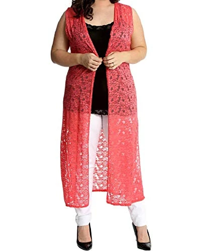 New Plus Size Women Cardigan Ladies Floral Lace Open Front Sleeveless Tunic Top Coral 20