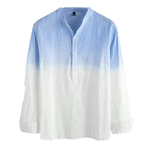 New Summer Casual Thin Shirt Mens Color Block Cardigan Long Sleeve Fashion Stand Collar Blue