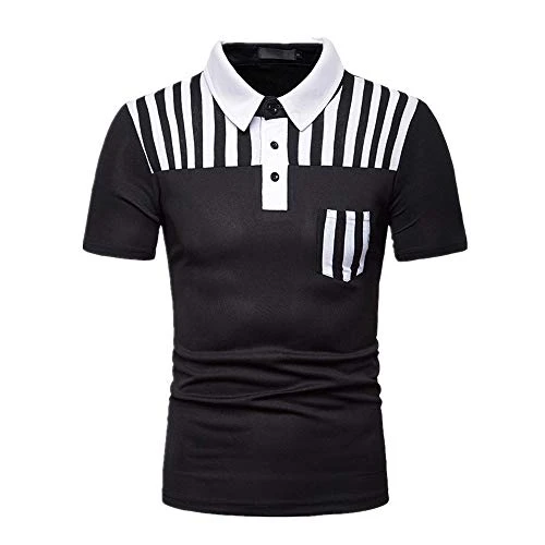 New Summer Half Sleeve Mens Stripe Splicing Short Sleeve Shirt Black