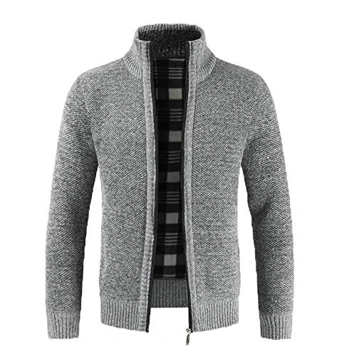 New Thick Needle Plus Velvet Thick Sweater Zipper Cardigan Solid Color Collar Sweater Sweater Jacket Light Grey