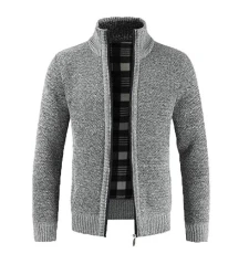 New Thick Needle Plus Velvet Thick Sweater Zipper Cardigan Solid Color Collar Sweater Sweater Jacket Light Grey