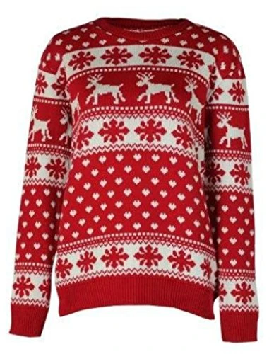 New Unisex Ladies Men Reindeers and Snowflake Christmas Jumper Xmas TOP-RED (Red, Medium/Large)