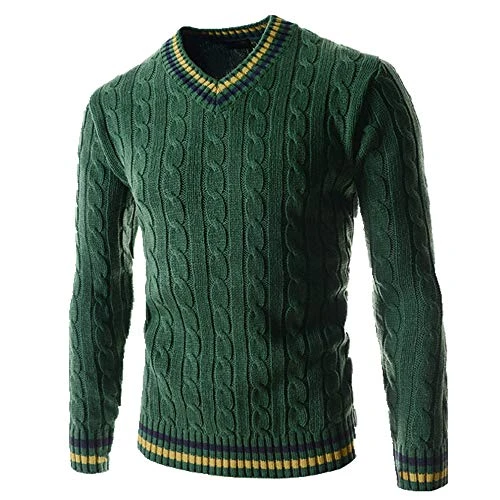 New Winter Mens V-Neck Twist Sweater Long Sleeve Thick Mens Slim Knit Green